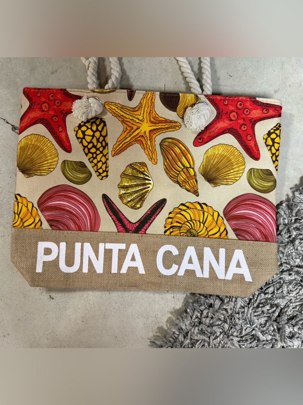 CANVA Canvas Beach Tote with Seashell & Starfish Print - Yellow/Red